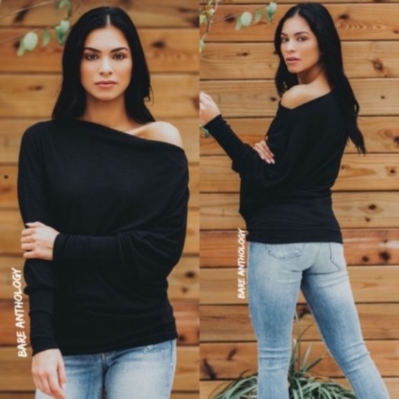 black off shoulder loose fit dolman tunic top - Picture 2 of 2